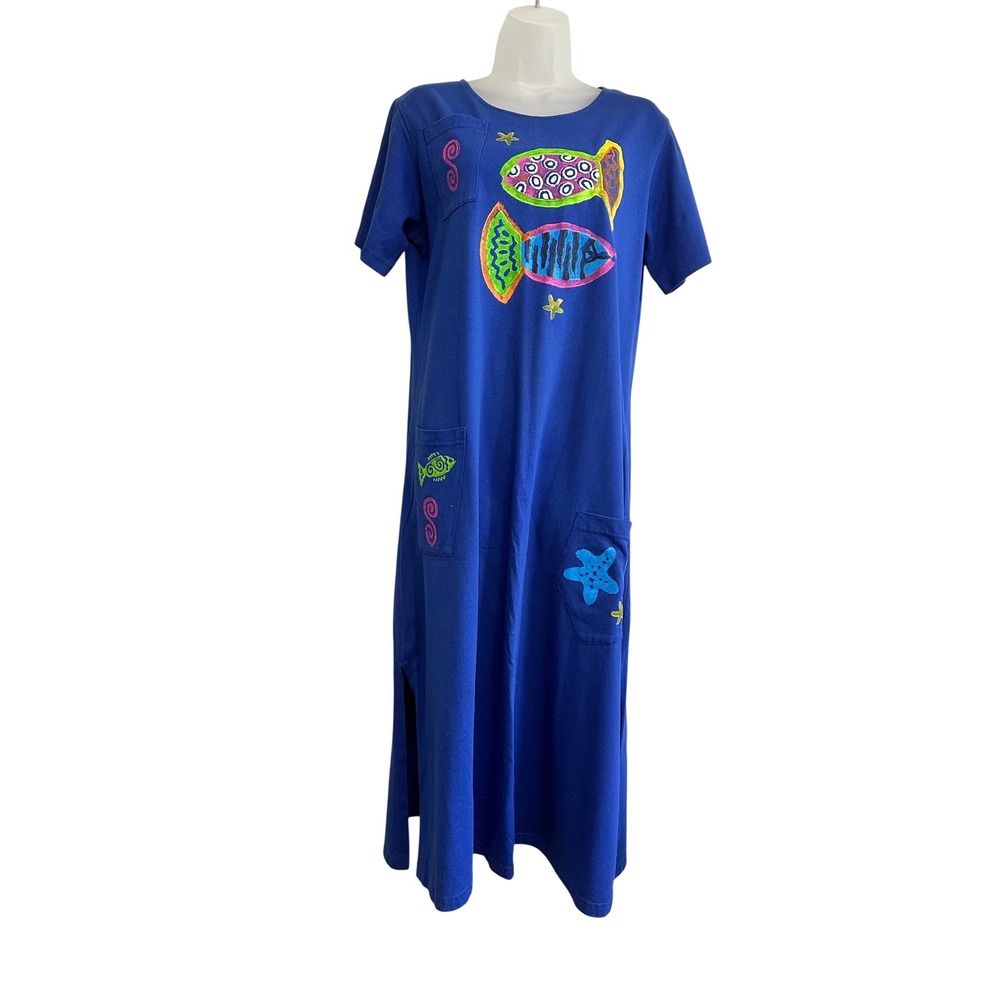 Cover Charge Vintage Blue Hand Painted Fish Starfish Maxi T-Shirt Dress USA Made